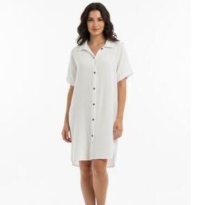 SeaSpice Resort Wear White Peruvian Cotton Button Front Shirt Dress XL Boho Chic